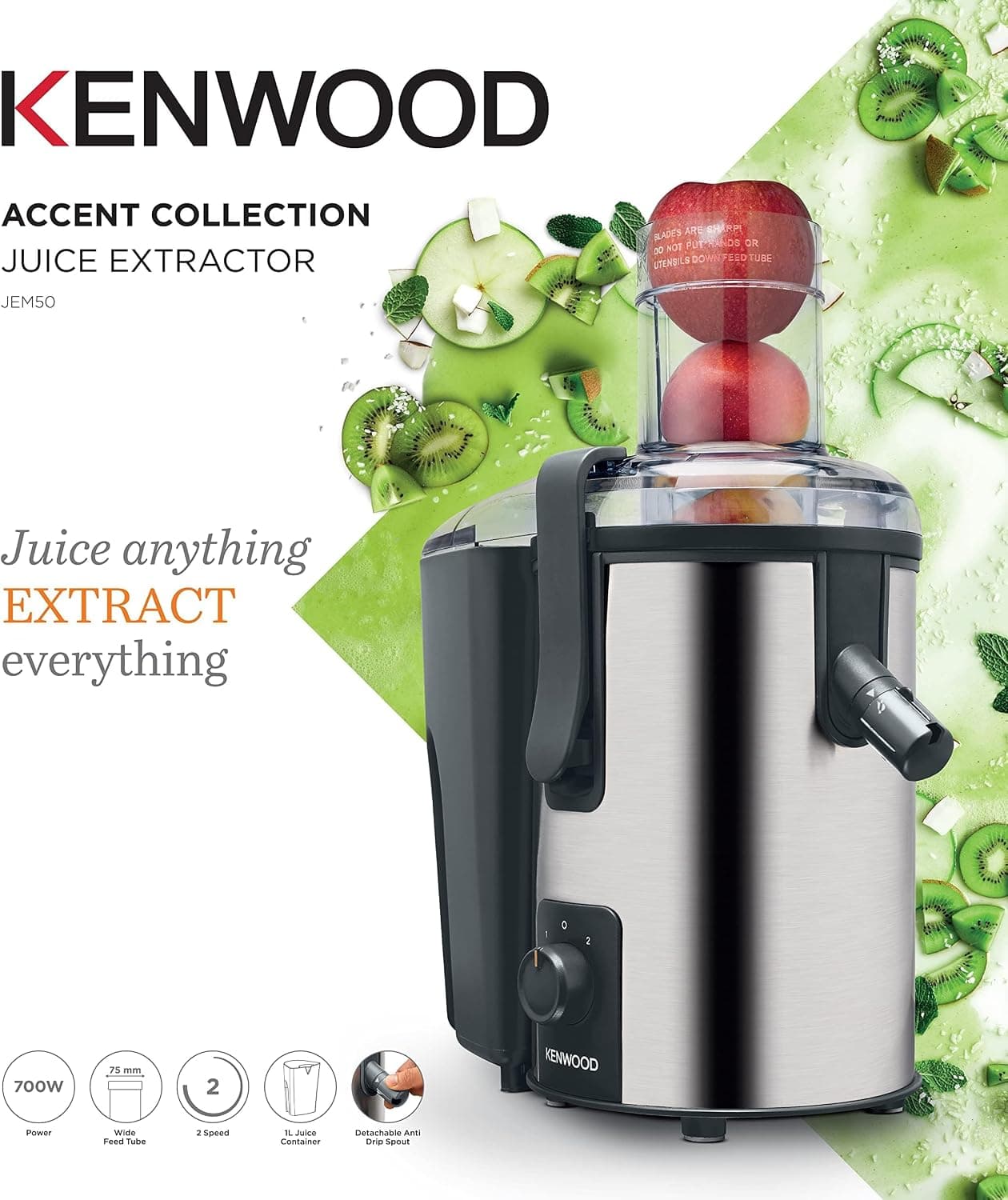 آبمیوهگیری Kenwood 700W استیل با لوله ورودی 75mm مدل JEM50.000BS نقرهای مشکی آبمیوهگیری Kenwood 700W استیل با لوله ورودی 75mm مدل JEM50.000BS نقرهای مشکی