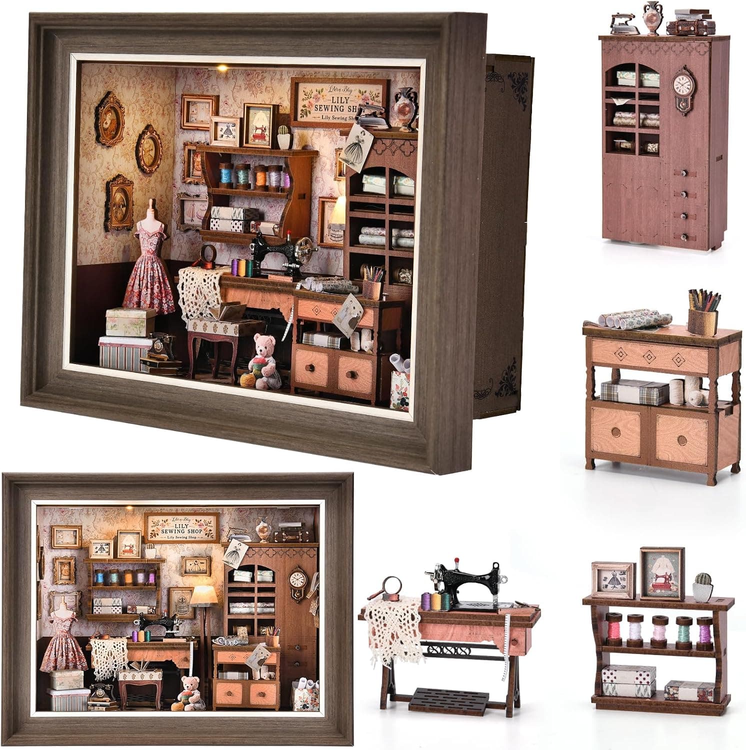 کیت ماکت سهبعدی چوبی Book Nook برای مبتدیان DROICC با چراغ LED و قاب قابل نصب روی دیوار مدل Lily Sewing Shop کیت ماکت سهبعدی چوبی Book Nook برای مبتدیان DROICC با چراغ LED و قاب قابل نصب روی دیوار مدل Lily Sewing Shop