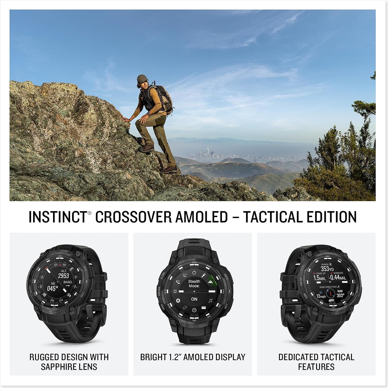ساعت تاکتیکال هوشمند هیبریدی GPS Garmin Instinct Crossover AMOLED - Tactical Edition با عقربههای آنالوگ و بند سیلیکونی مشکی ساعت تاکتیکال هوشمند هیبریدی GPS Garmin Instinct Crossover AMOLED - Tactical Edition با عقربههای آنالوگ و بند سیلیکونی مشکی