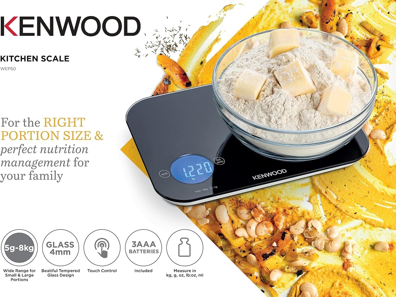 ترازو آشپزخانه دیجیتال Kenwood با ظرفیت 8Kg/22lbs، شیشه سکوریت 4MM، کنترل لمسی و مدل WEP50.000BK ترازو آشپزخانه دیجیتال Kenwood با ظرفیت 8Kg/22lbs، شیشه سکوریت 4MM، کنترل لمسی و مدل WEP50.000BK