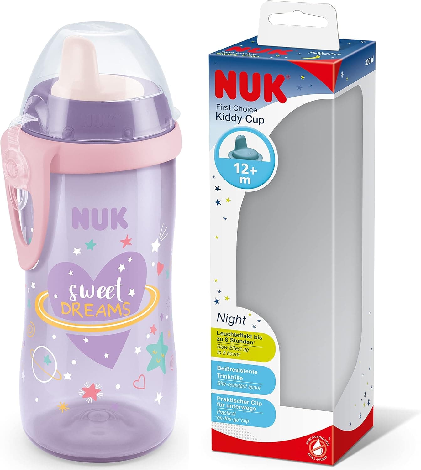 لیوان کودک NUK Kiddy Cup Night 300 ml ضد نشت بنفش درخشان لیوان کودک NUK Kiddy Cup Night 300 ml ضد نشت بنفش درخشان