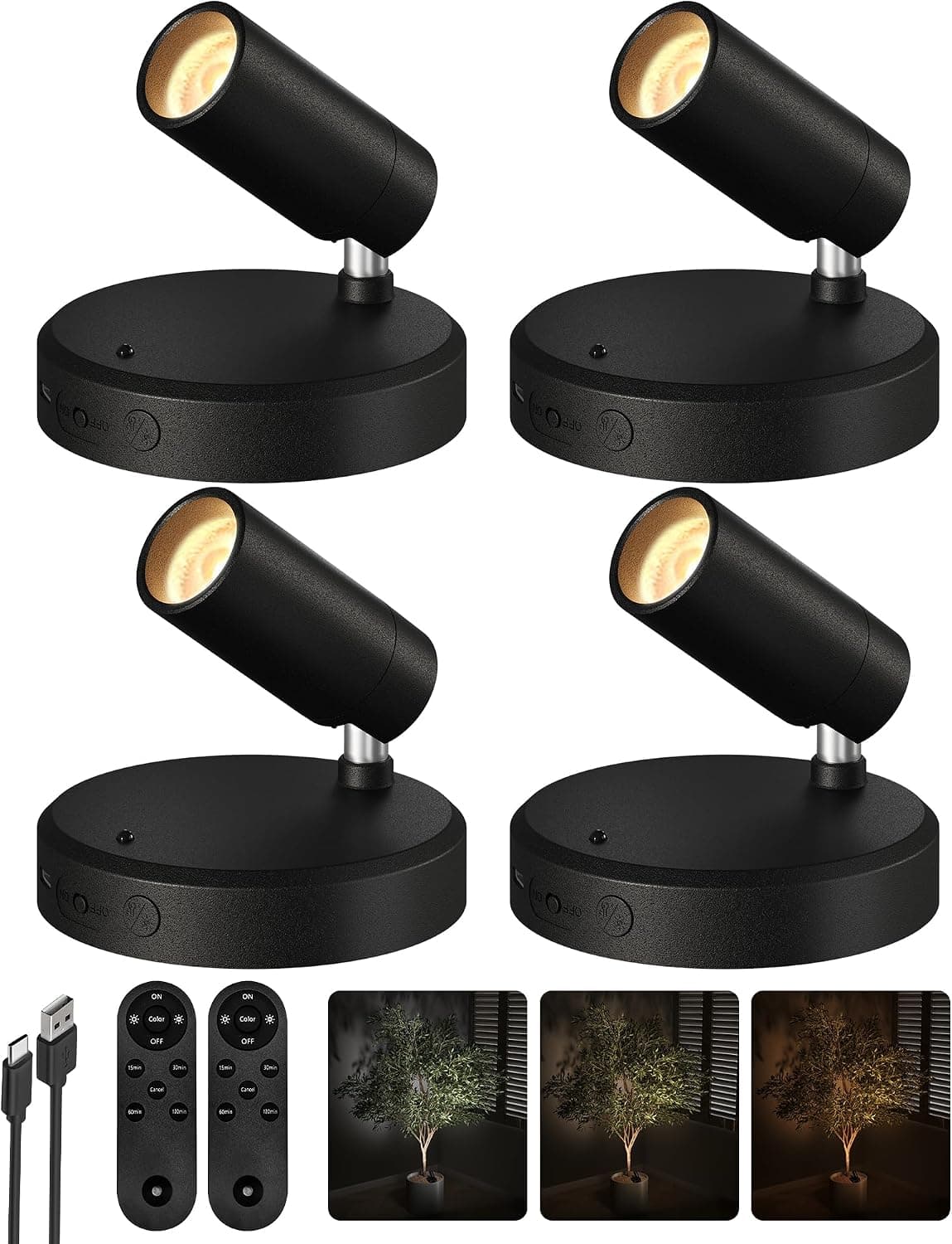 چراغ اسپات تابلویی EZVALO شارژی 5500mAh، LED بیسیم با کنترل از راه دور، تایمر و نور قابل تنظیم 3-CCT، بسته 4 عددی مشکی چراغ اسپات تابلویی EZVALO شارژی 5500mAh، LED بیسیم با کنترل از راه دور، تایمر و نور قابل تنظیم 3-CCT، بسته 4 عددی مشکی