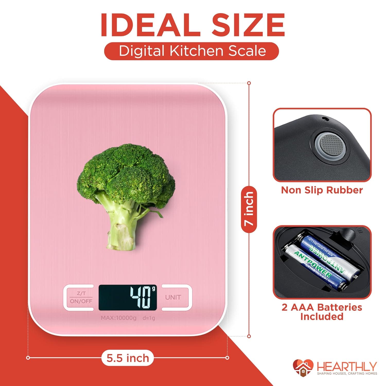 ترازو دیجیتال آشپزخانه HEARTHLY استیل ضدزنگ 304 و شیشه تمپرد صورتی 22lb ترازو دیجیتال آشپزخانه HEARTHLY استیل ضدزنگ 304 و شیشه تمپرد صورتی 22lb
