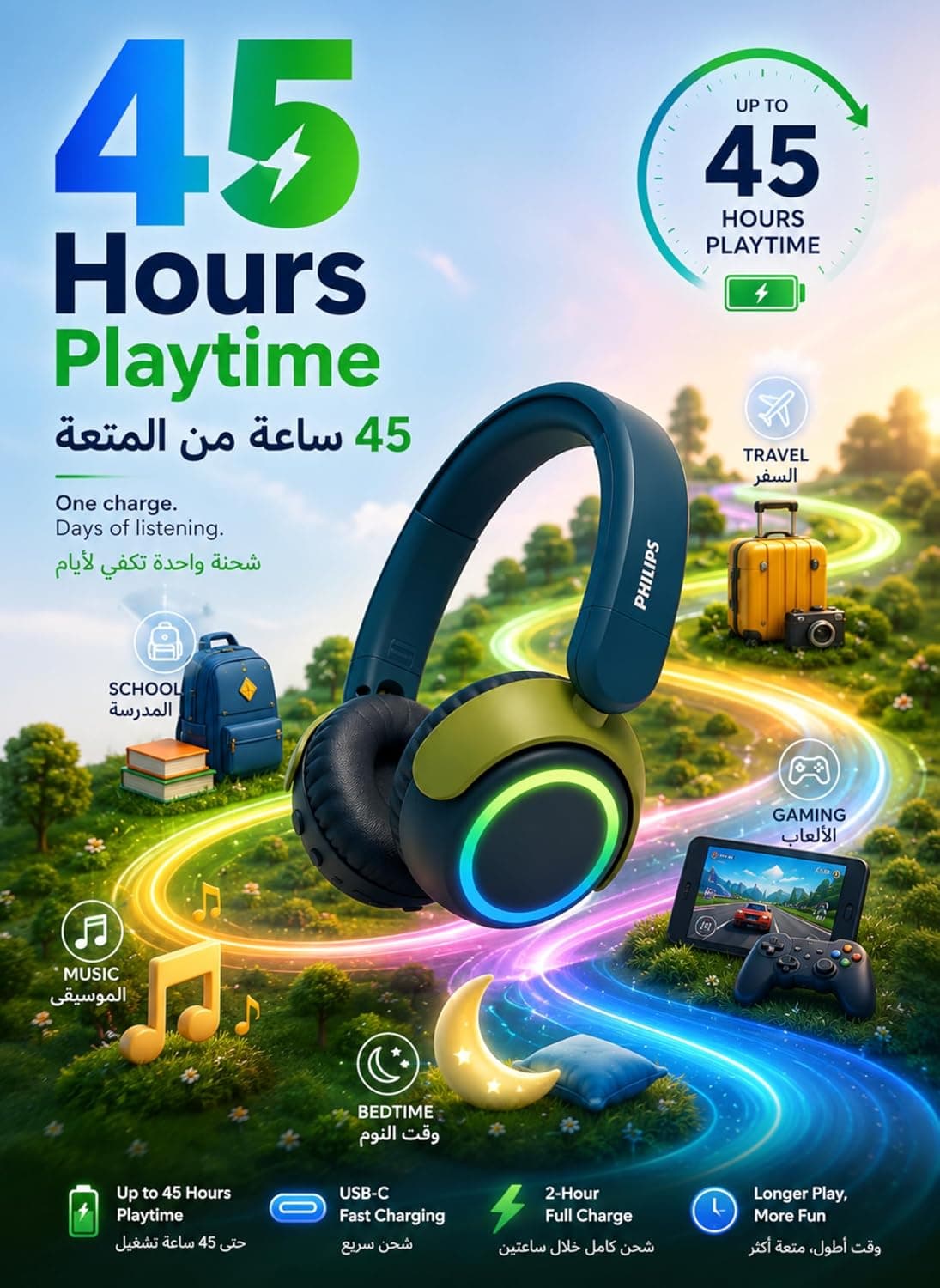 هدفون بیسیم کودکان Philips محدودیت صدا باتری ۴۵ ساعته فیروزهای مدل TAK4200CT هدفون بیسیم کودکان Philips محدودیت صدا باتری ۴۵ ساعته فیروزهای مدل TAK4200CT