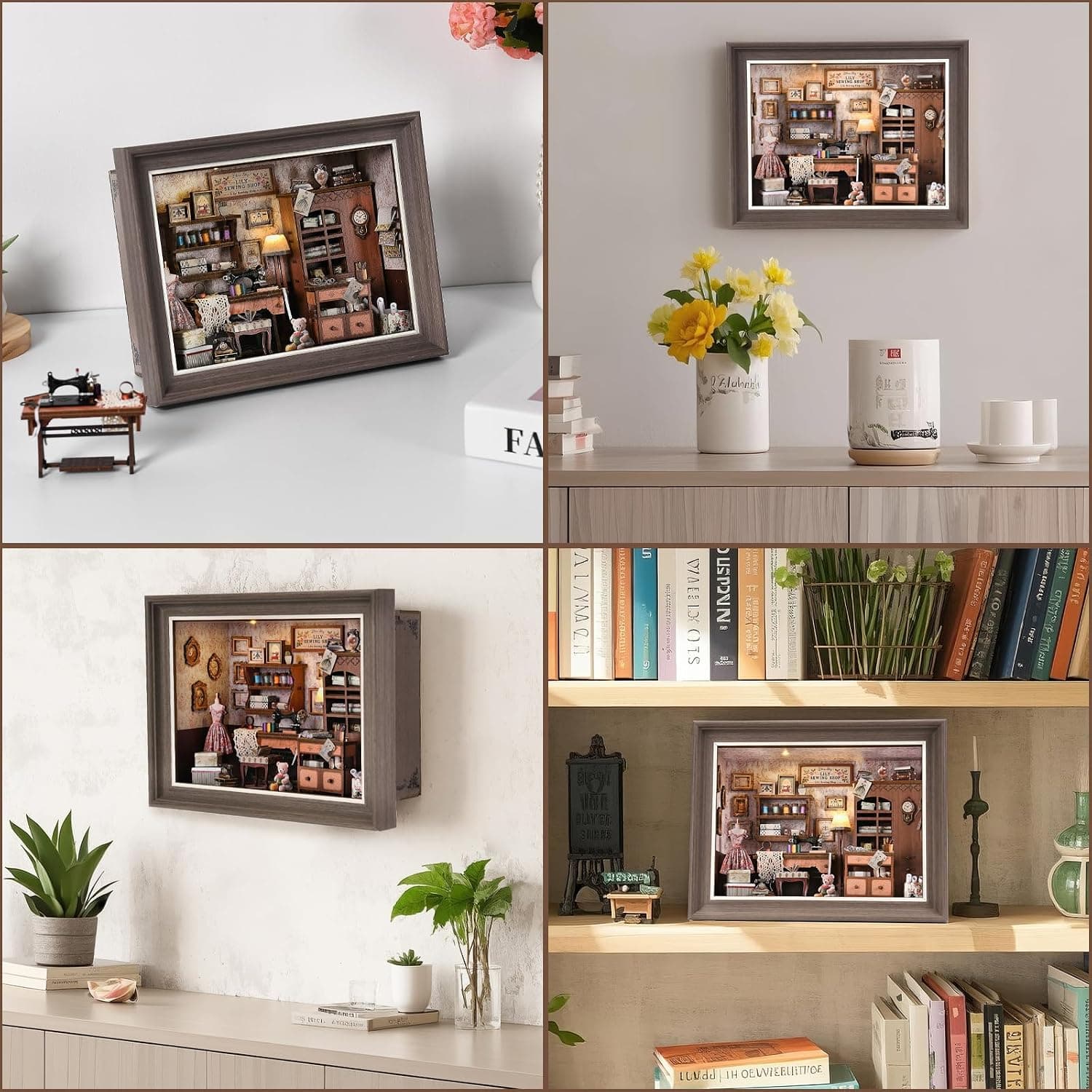 کیت ماکت سهبعدی چوبی Book Nook برای مبتدیان DROICC با چراغ LED و قاب قابل نصب روی دیوار مدل Lily Sewing Shop کیت ماکت سهبعدی چوبی Book Nook برای مبتدیان DROICC با چراغ LED و قاب قابل نصب روی دیوار مدل Lily Sewing Shop