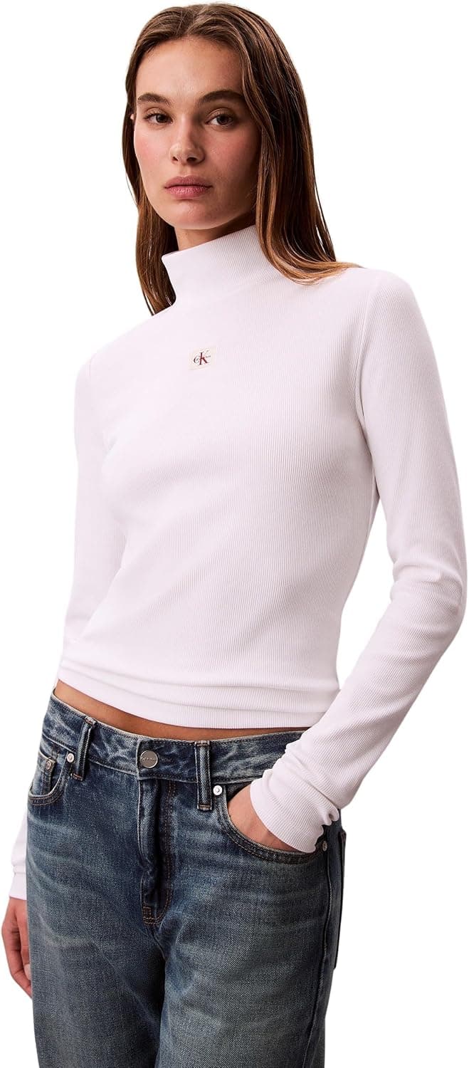 تیشرت زنانه Calvin Klein آستین بلند یقه اسکی با لیبل بافته تیشرت زنانه Calvin Klein آستین بلند یقه اسکی با لیبل بافته