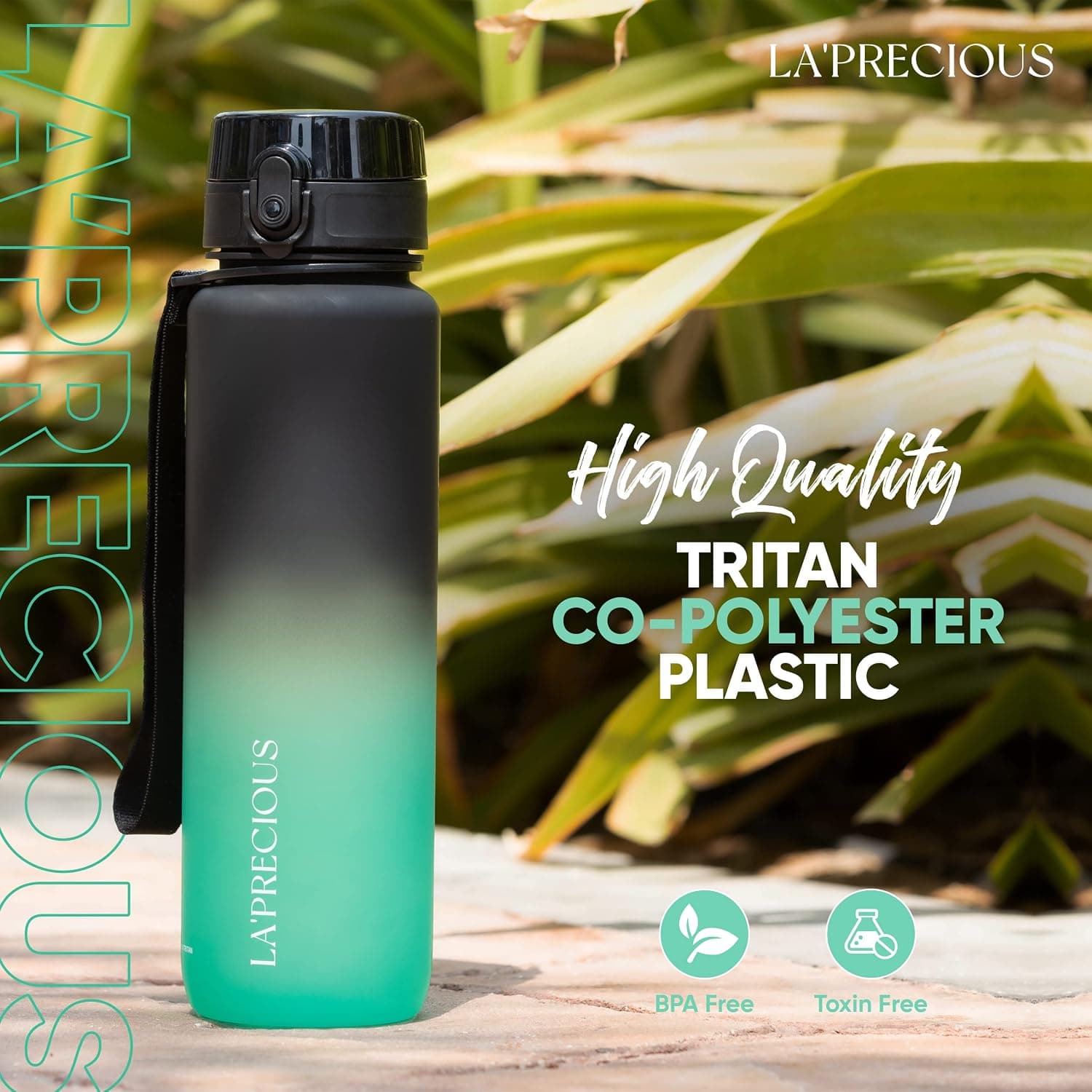 بطری آب بزرگسالان LA' PRECIOUS یک لیتری Tritan USA فاقد BPA با درپوش تاشوی ضدنشت مشکی/سبز بطری آب بزرگسالان LA' PRECIOUS یک لیتری Tritan USA فاقد BPA با درپوش تاشوی ضدنشت مشکی/سبز