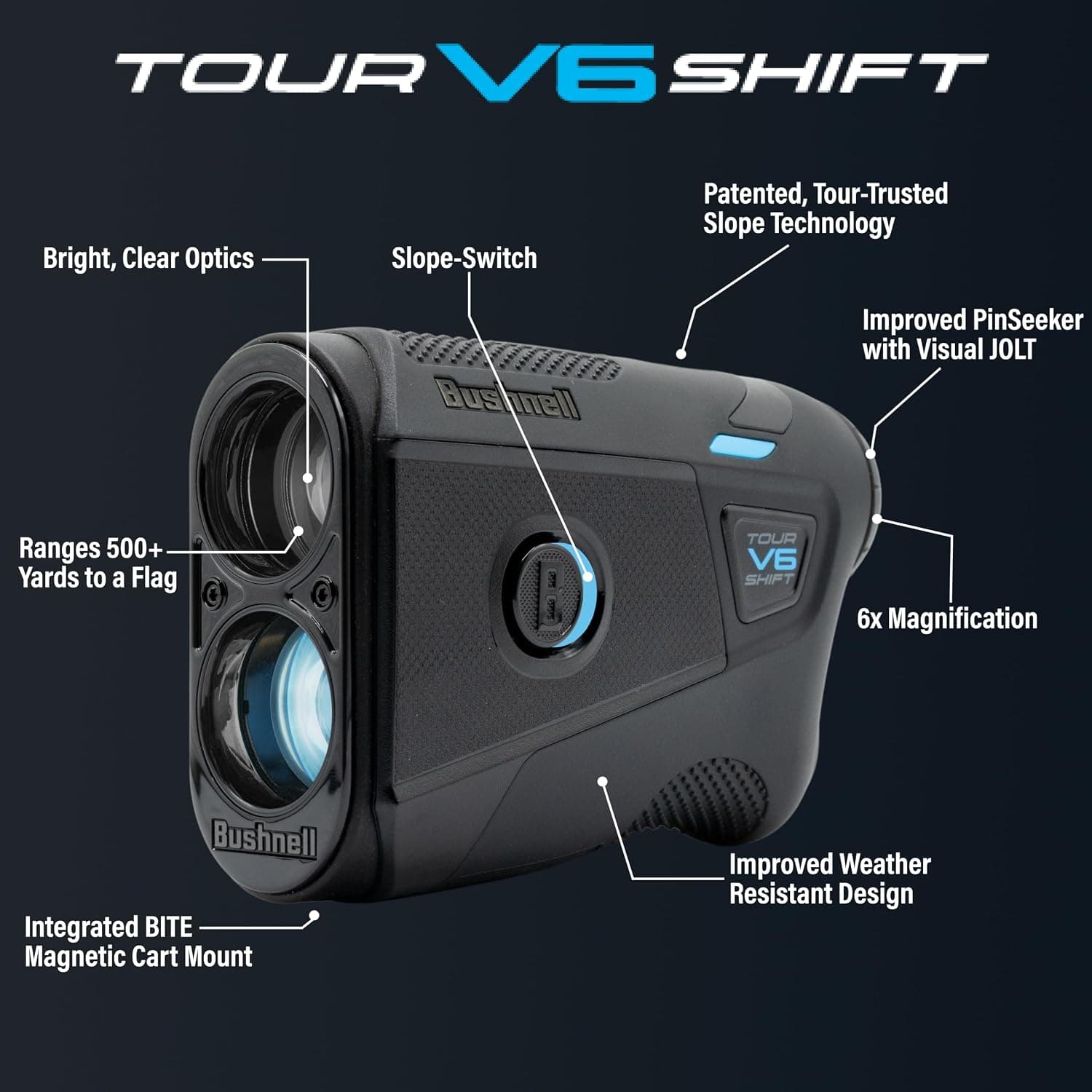 فاصلهیاب لیزری گلف Bushnell Golf Tour V6 Shift با جبران شیب و قفل پرچم لرزشی، برد 1300-Yard فاصلهیاب لیزری گلف Bushnell Golf Tour V6 Shift با جبران شیب و قفل پرچم لرزشی، برد 1300-Yard