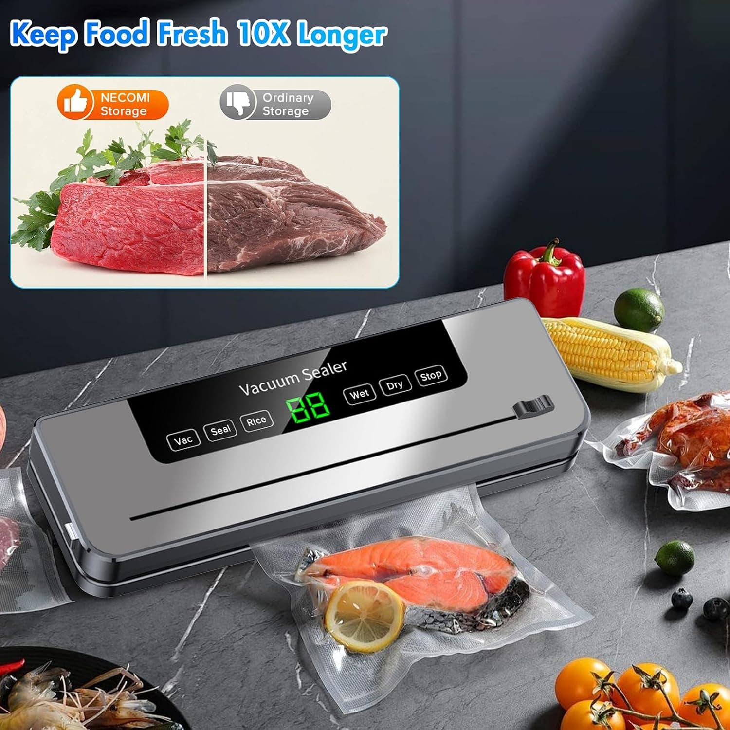 دستگاه وکیوم غذا Necomi 6 کاره 30Pcs کیسه، حالت خشک/مرطوب، برش داخلی دستگاه وکیوم غذا Necomi 6 کاره 30Pcs کیسه، حالت خشک/مرطوب، برش داخلی