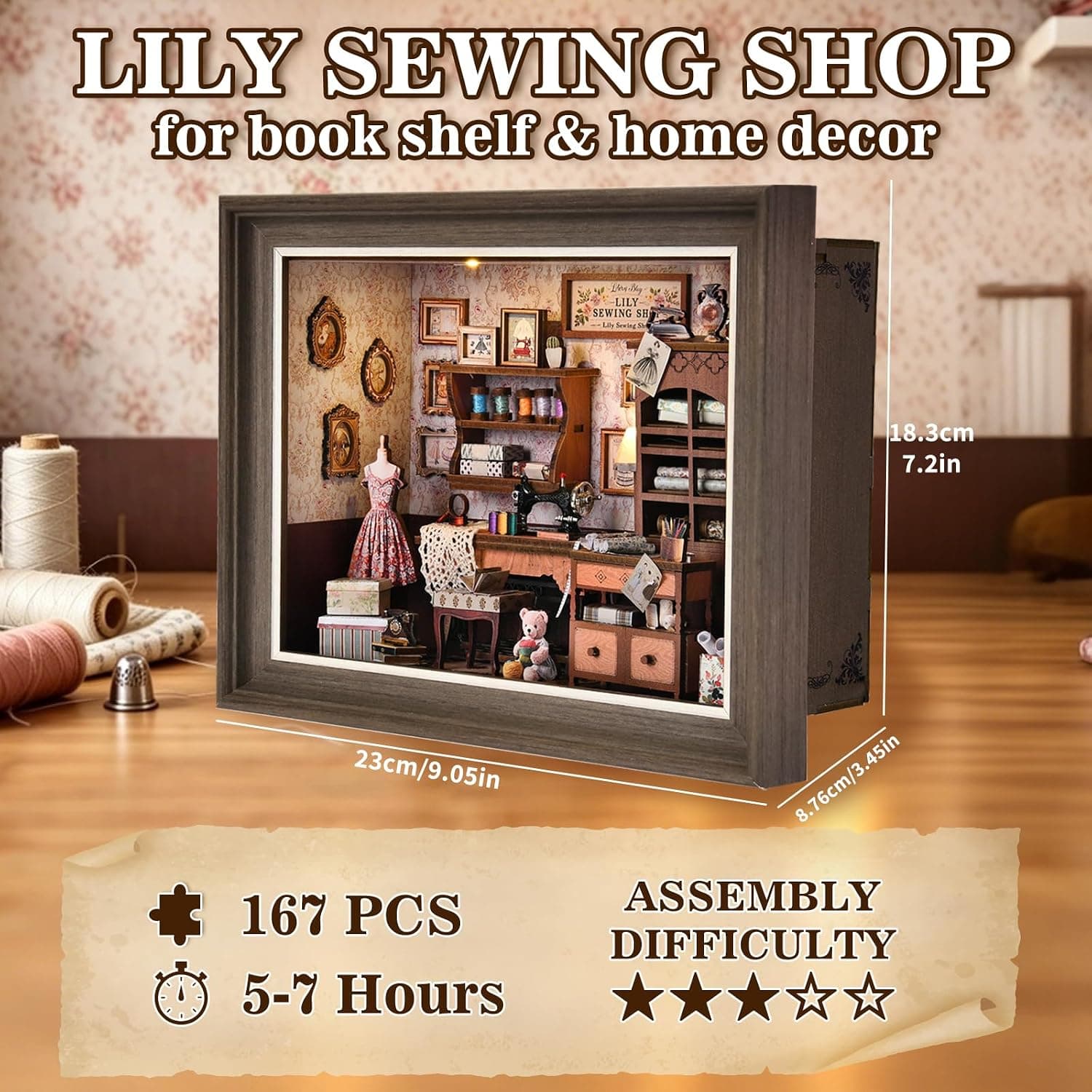 کیت ماکت سهبعدی چوبی Book Nook برای مبتدیان DROICC با چراغ LED و قاب قابل نصب روی دیوار مدل Lily Sewing Shop کیت ماکت سهبعدی چوبی Book Nook برای مبتدیان DROICC با چراغ LED و قاب قابل نصب روی دیوار مدل Lily Sewing Shop