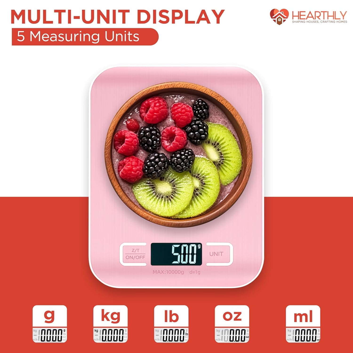 ترازو دیجیتال آشپزخانه HEARTHLY استیل ضدزنگ 304 و شیشه تمپرد صورتی 22lb ترازو دیجیتال آشپزخانه HEARTHLY استیل ضدزنگ 304 و شیشه تمپرد صورتی 22lb