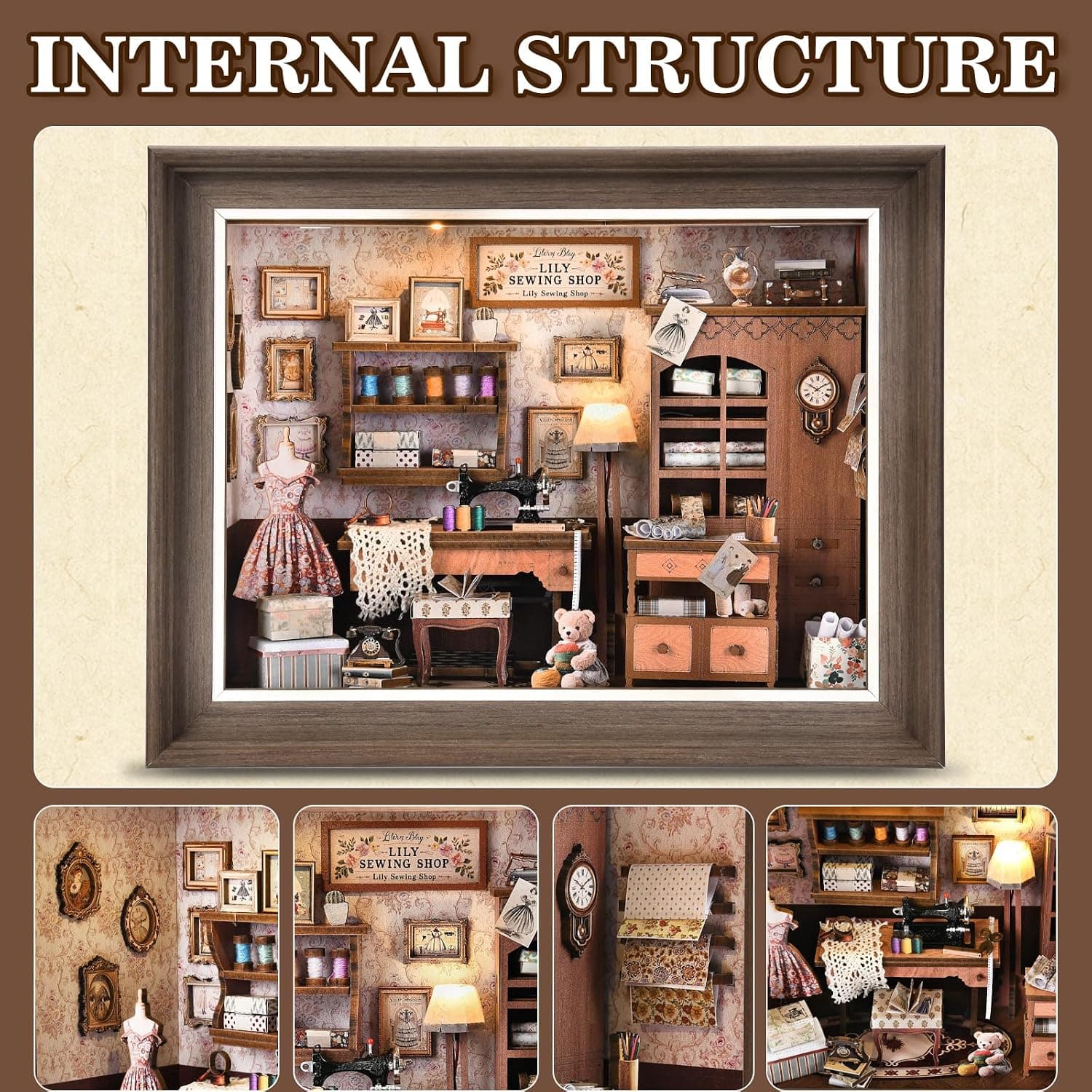 کیت ماکت سهبعدی چوبی Book Nook برای مبتدیان DROICC با چراغ LED و قاب قابل نصب روی دیوار مدل Lily Sewing Shop کیت ماکت سهبعدی چوبی Book Nook برای مبتدیان DROICC با چراغ LED و قاب قابل نصب روی دیوار مدل Lily Sewing Shop