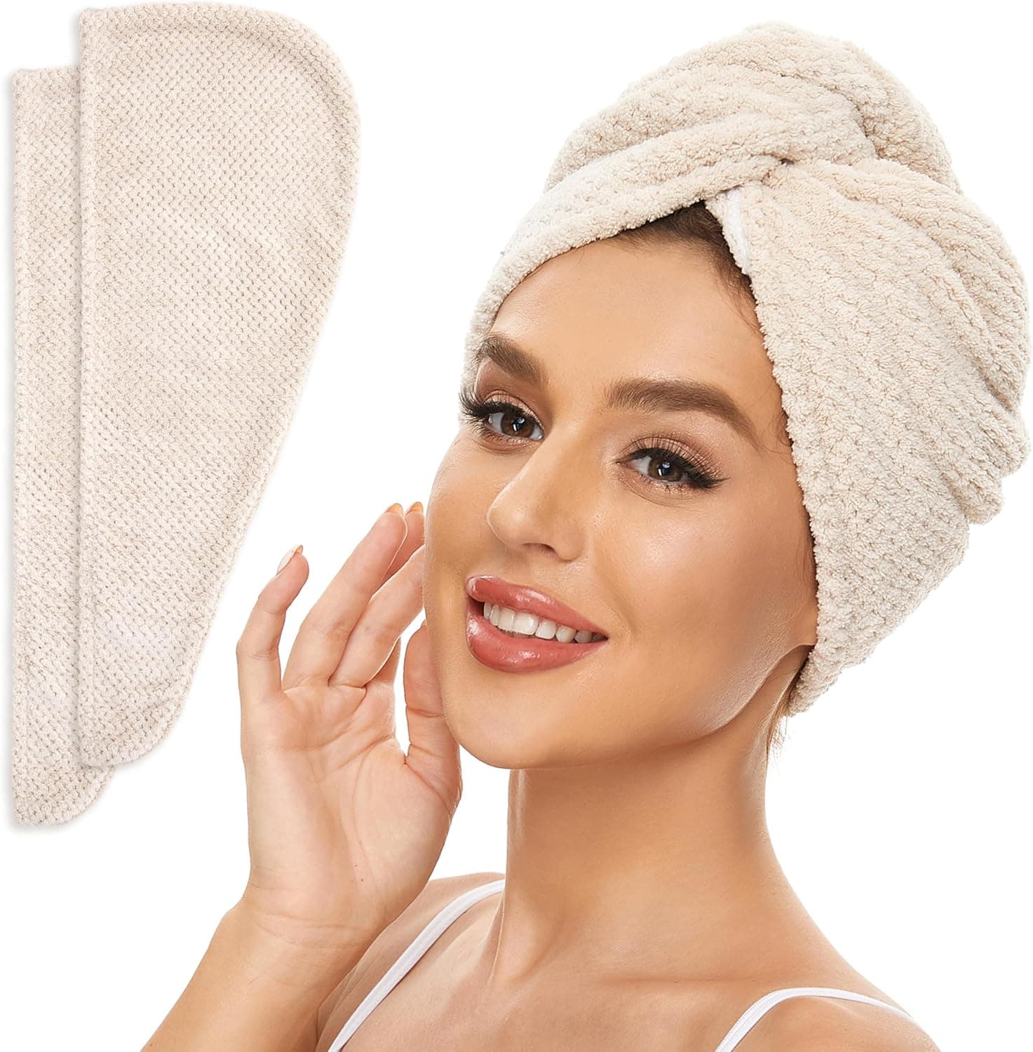 حوله سر زنانه میکروفایبر SimpleField، 2 Pack، ضد وز، خشککننده سریع، جاذب و سبک، بژ حوله سر زنانه میکروفایبر SimpleField، 2 Pack، ضد وز، خشککننده سریع، جاذب و سبک، بژ