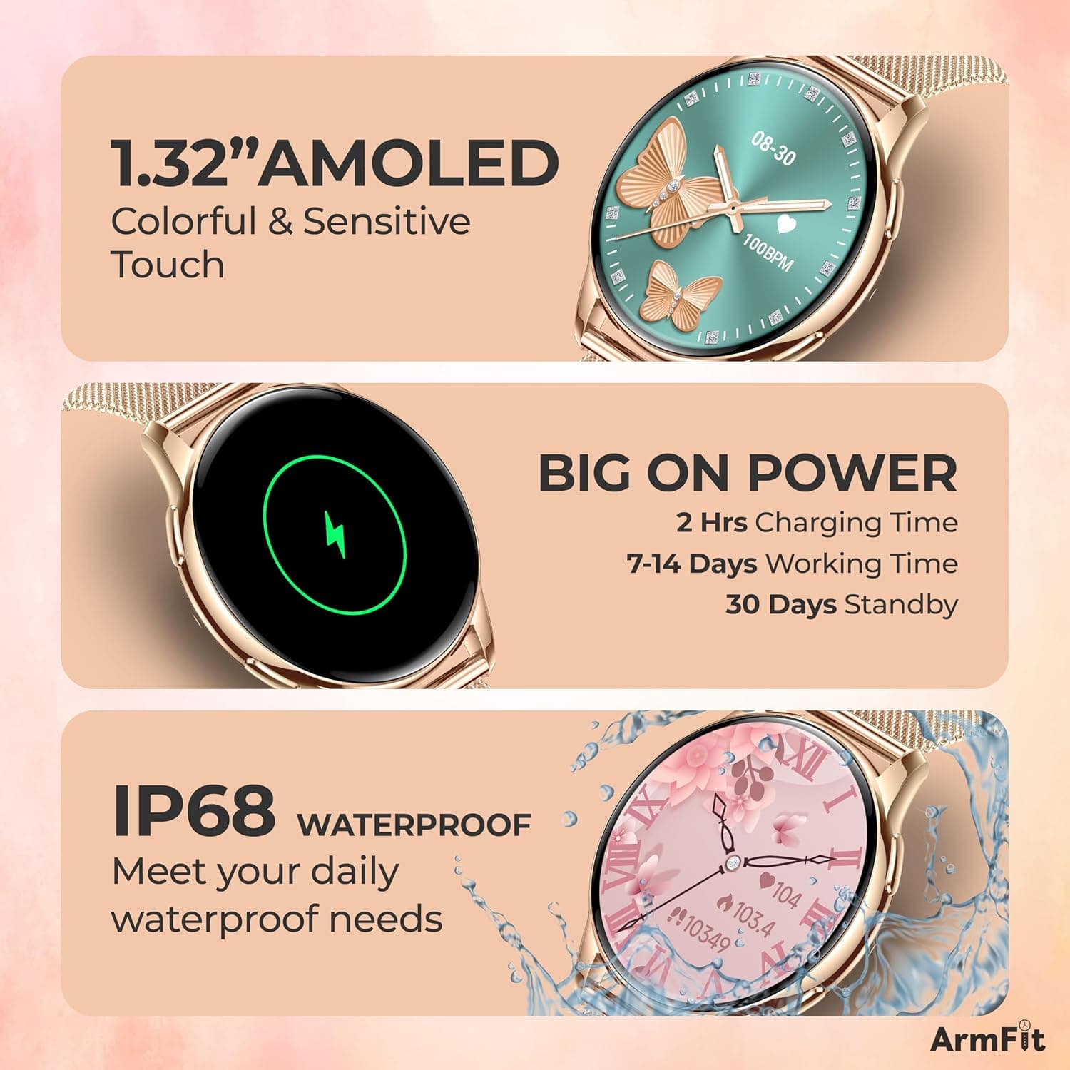 ساعت هوشمند زنانه ArmFit نمایشگر AMOLED همیشه روشن تماس بلوتوثی ضدآب مدل QUEEN ساعت هوشمند زنانه ArmFit نمایشگر AMOLED همیشه روشن تماس بلوتوثی ضدآب مدل QUEEN