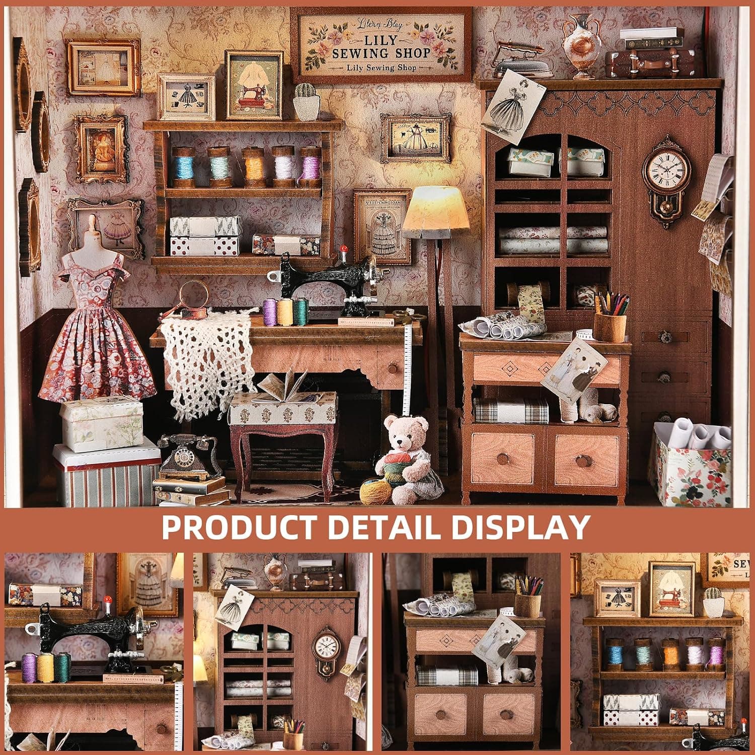 کیت ماکت سهبعدی چوبی Book Nook برای مبتدیان DROICC با چراغ LED و قاب قابل نصب روی دیوار مدل Lily Sewing Shop کیت ماکت سهبعدی چوبی Book Nook برای مبتدیان DROICC با چراغ LED و قاب قابل نصب روی دیوار مدل Lily Sewing Shop