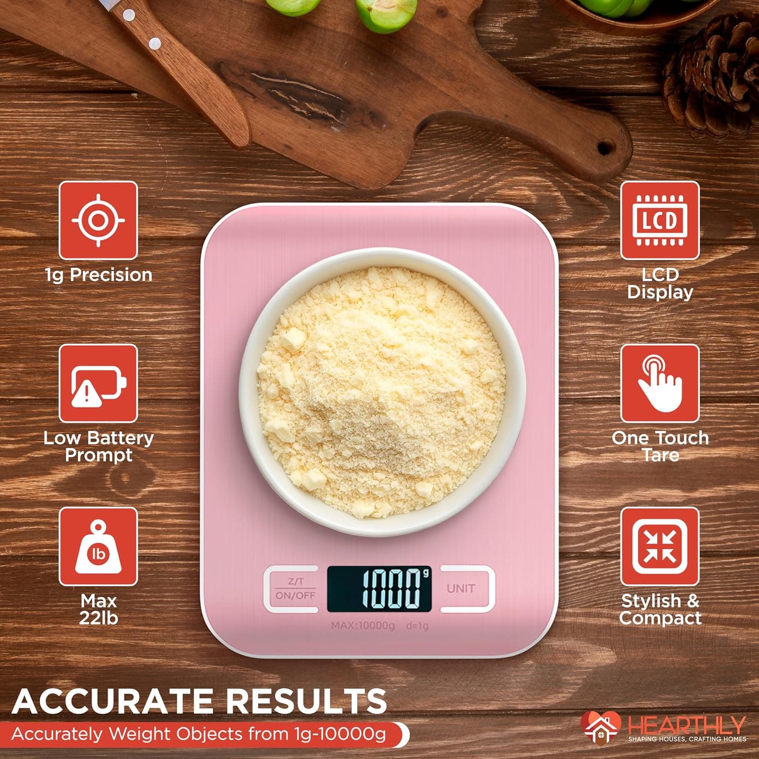 ترازو دیجیتال آشپزخانه HEARTHLY استیل ضدزنگ 304 و شیشه تمپرد صورتی 22lb ترازو دیجیتال آشپزخانه HEARTHLY استیل ضدزنگ 304 و شیشه تمپرد صورتی 22lb
