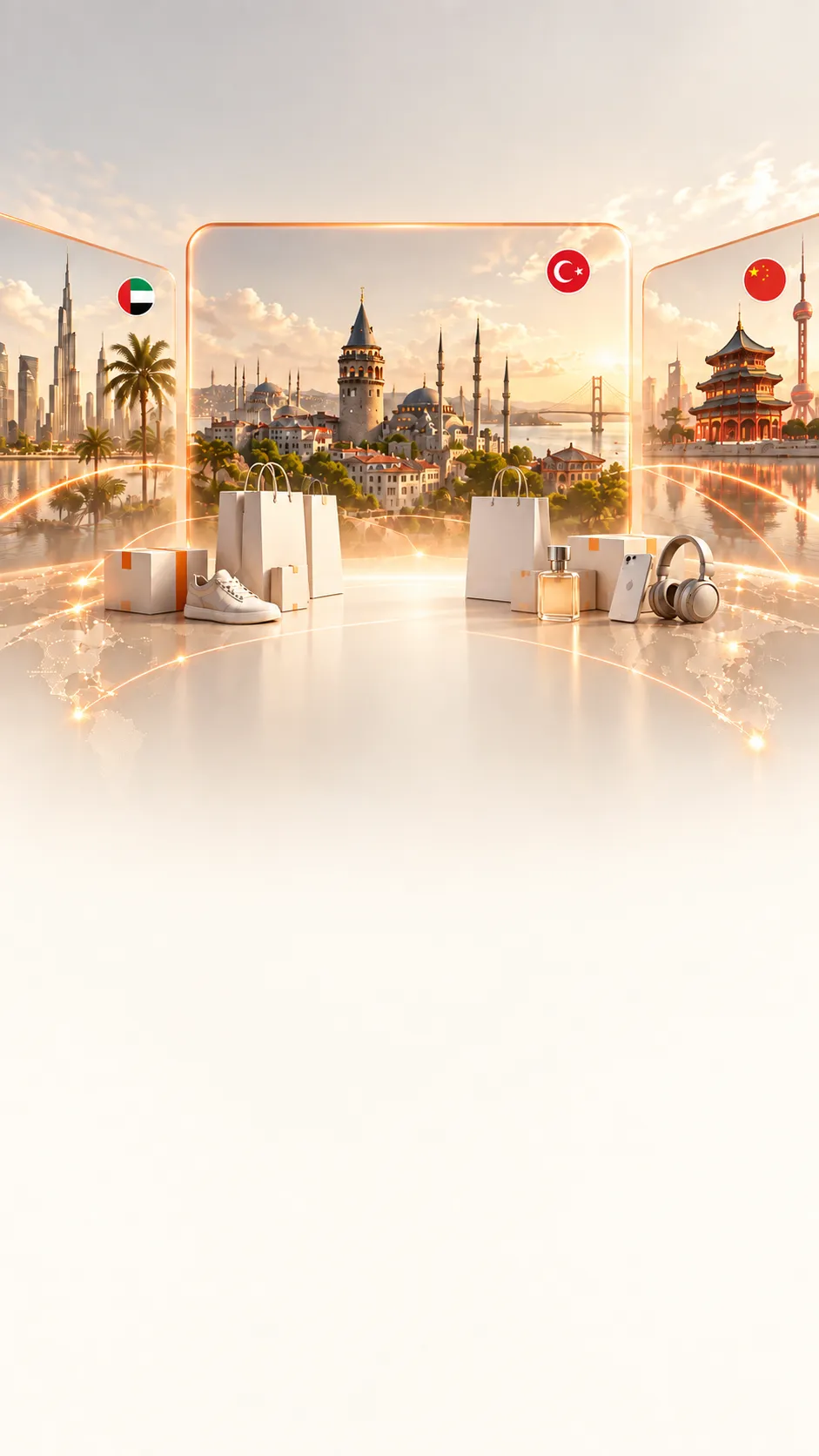 ویترین فروشگاه‌های ترکیه، امارات و چین با کیسه‌ها و جعبه‌های خرید، روی نقشهٔ جهان